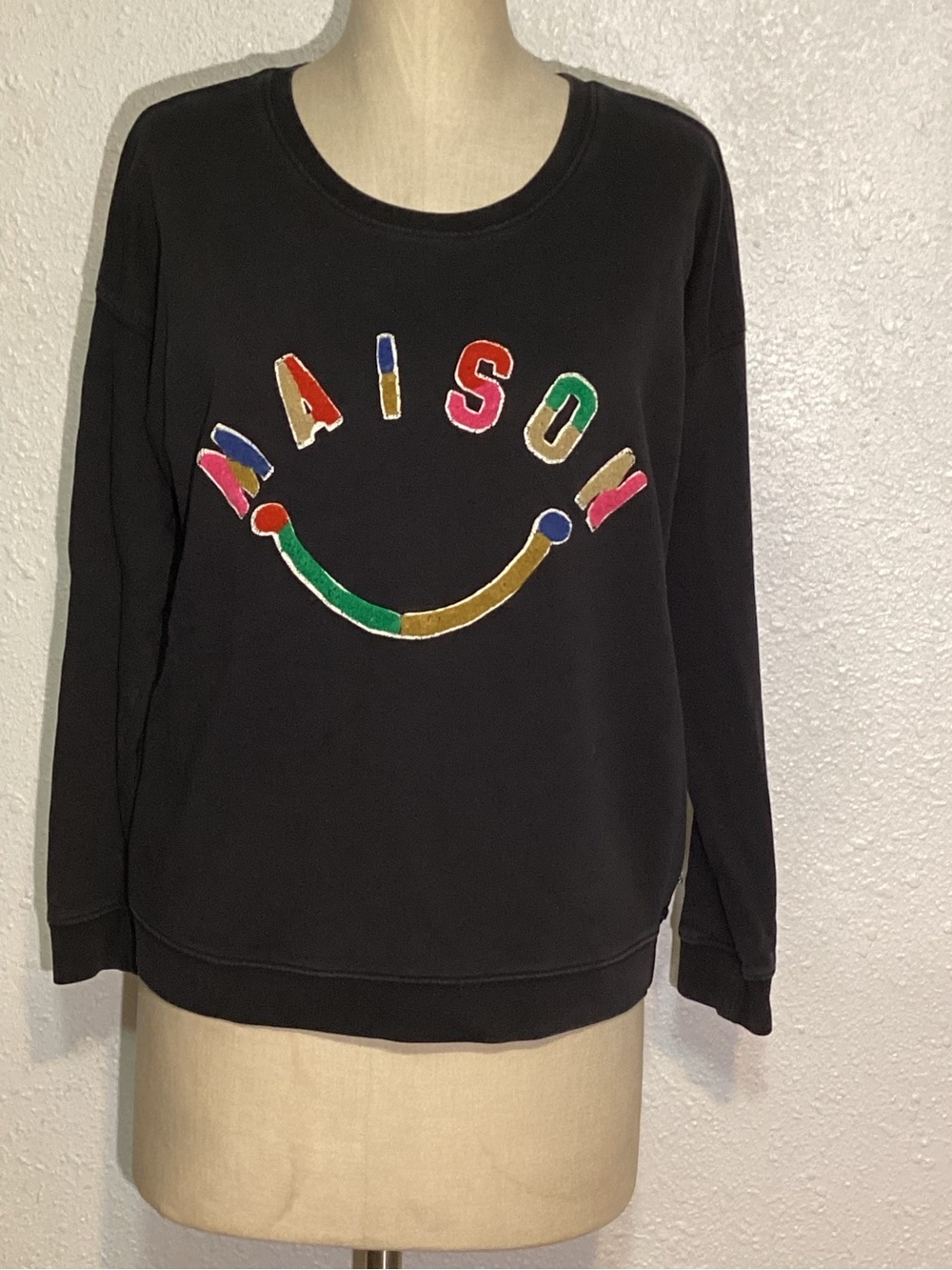 Scotch & Soda women’s Maison Smiley Embroidered Black Crewneck Sweater small